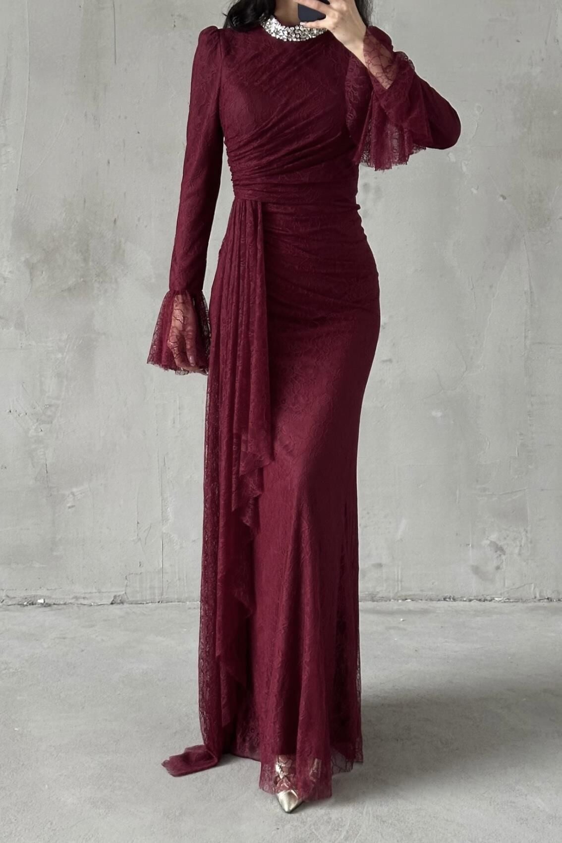 Lace Tesettür Abiye Bordo