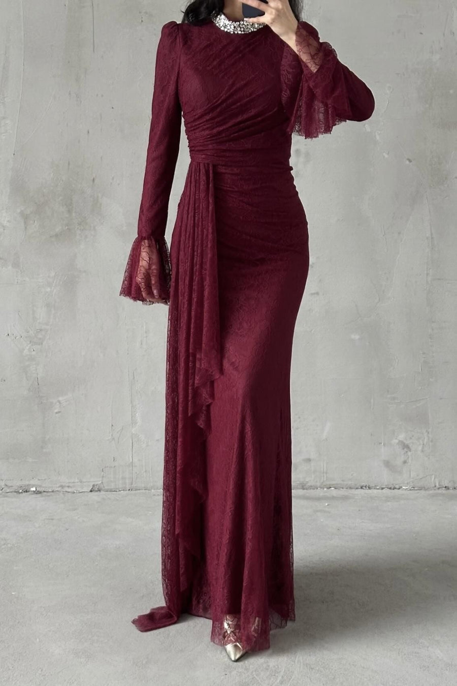 Lace Tesettür Abiye Bordo