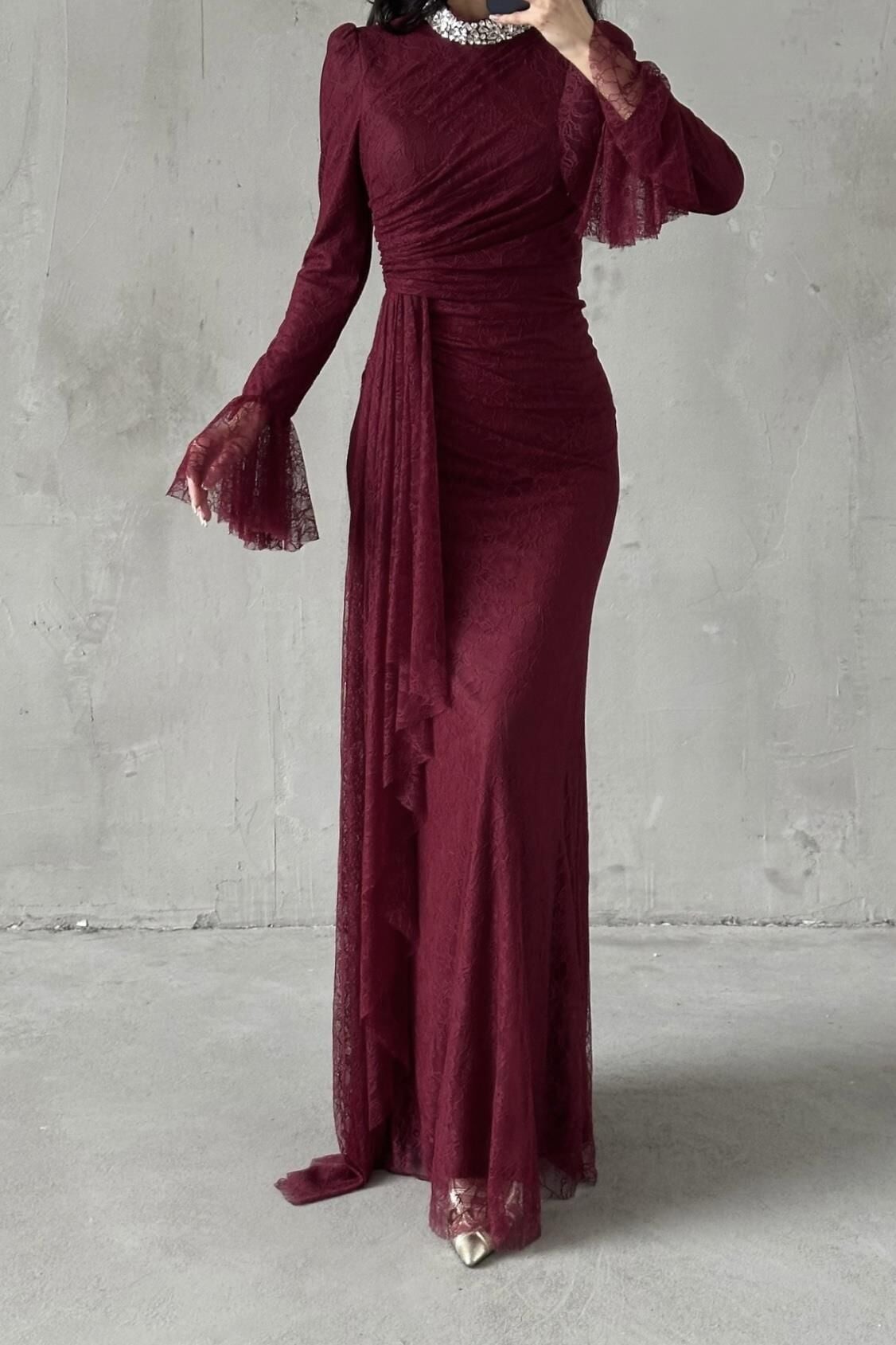 Lace Tesettür Abiye Bordo