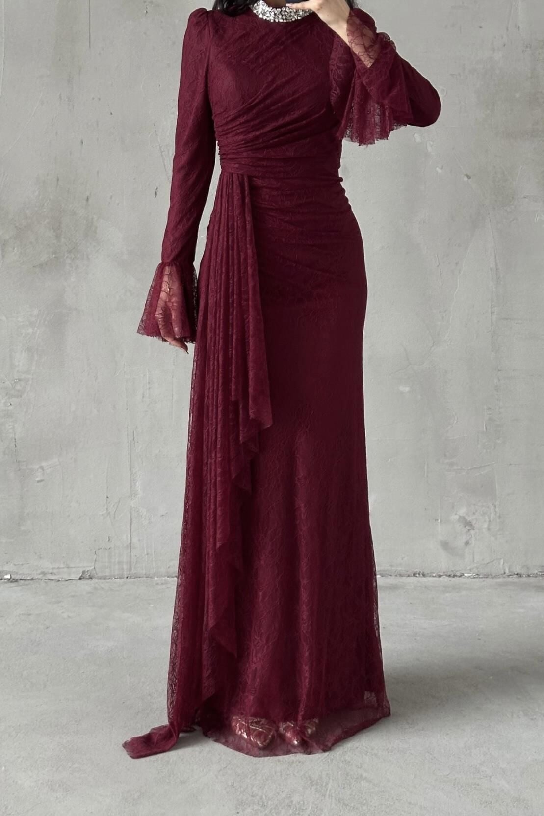 Lace Tesettür Abiye Bordo