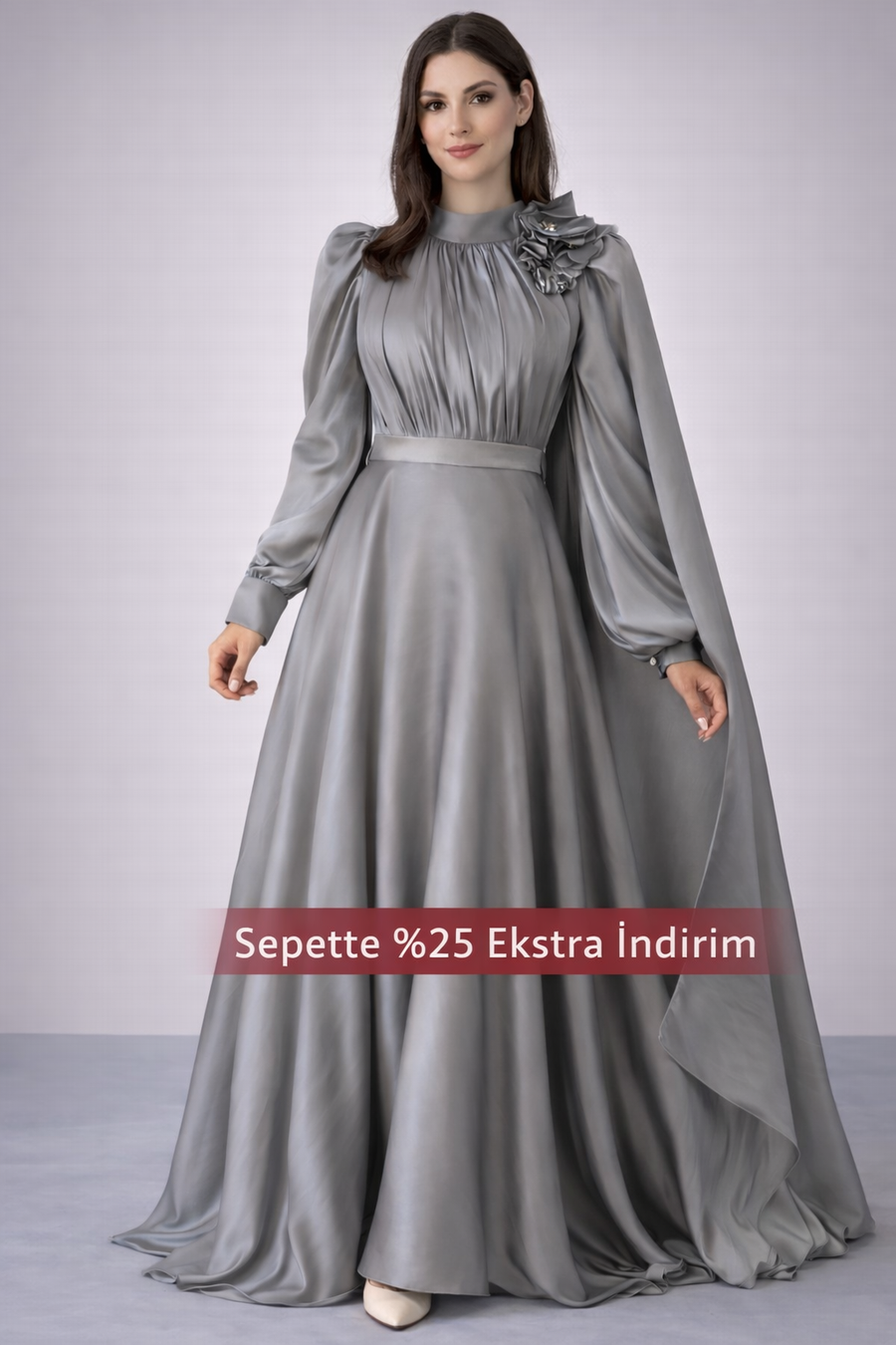 Akıcı Organze ve Piliseli Omuz Detaylı Abiye Gri