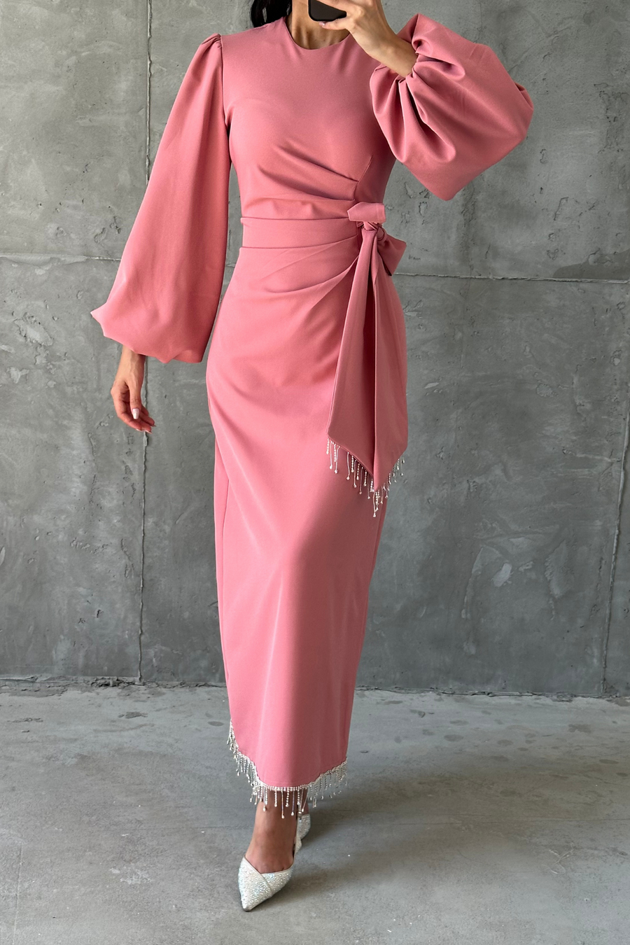 Double Krep Şık Tasarım Tesettür Abiye Pembe