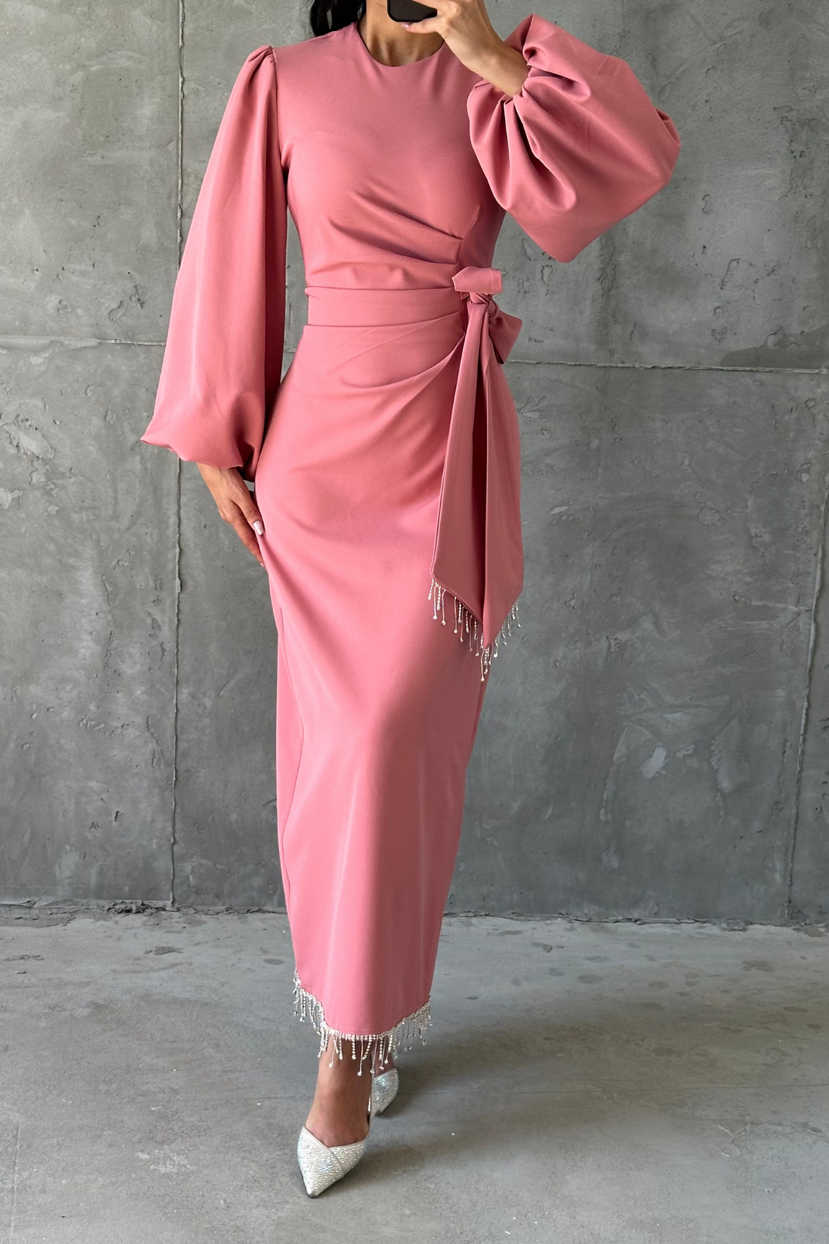 Double Krep Şık Tasarım Tesettür Abiye Pembe