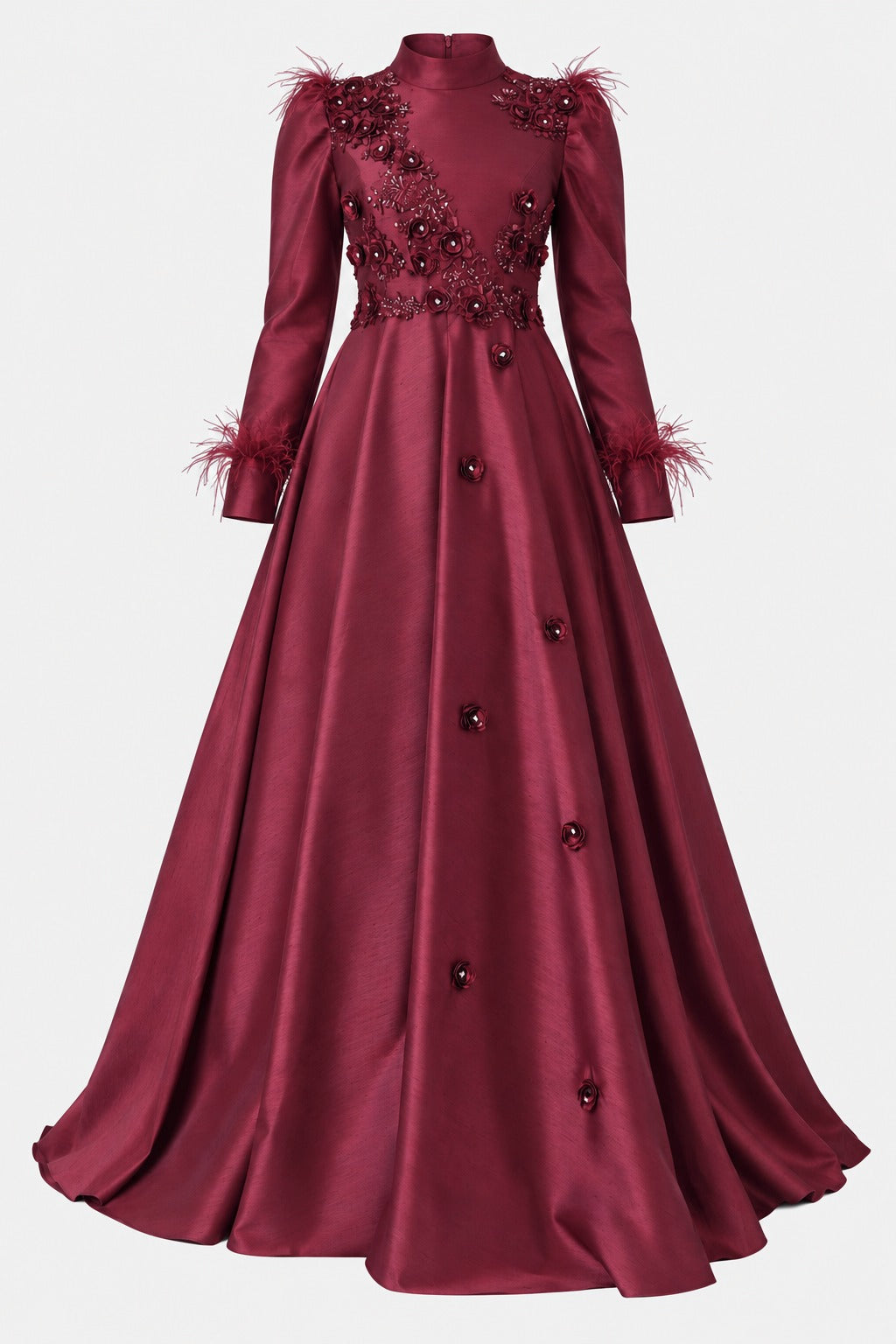 Elegan Tüy Detaylı Saten Tesettür Abiye Bordo