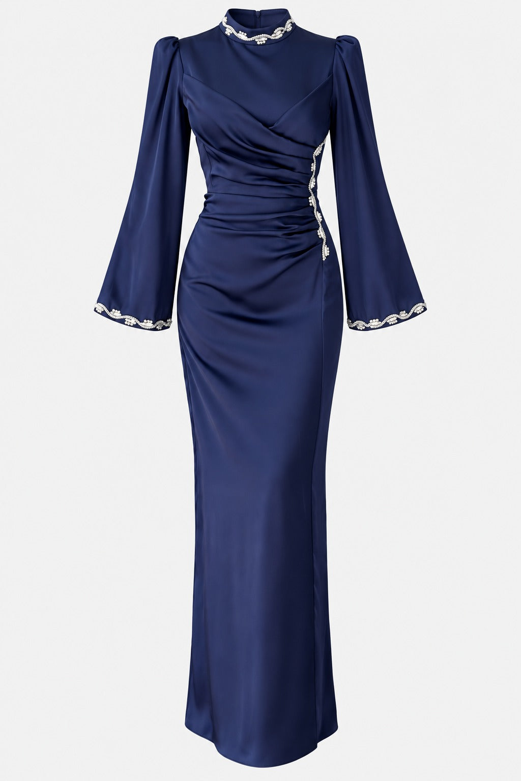 Eşsiz Drape Ve Taş Detaylı Saten Tesettür Abiye Lacivert