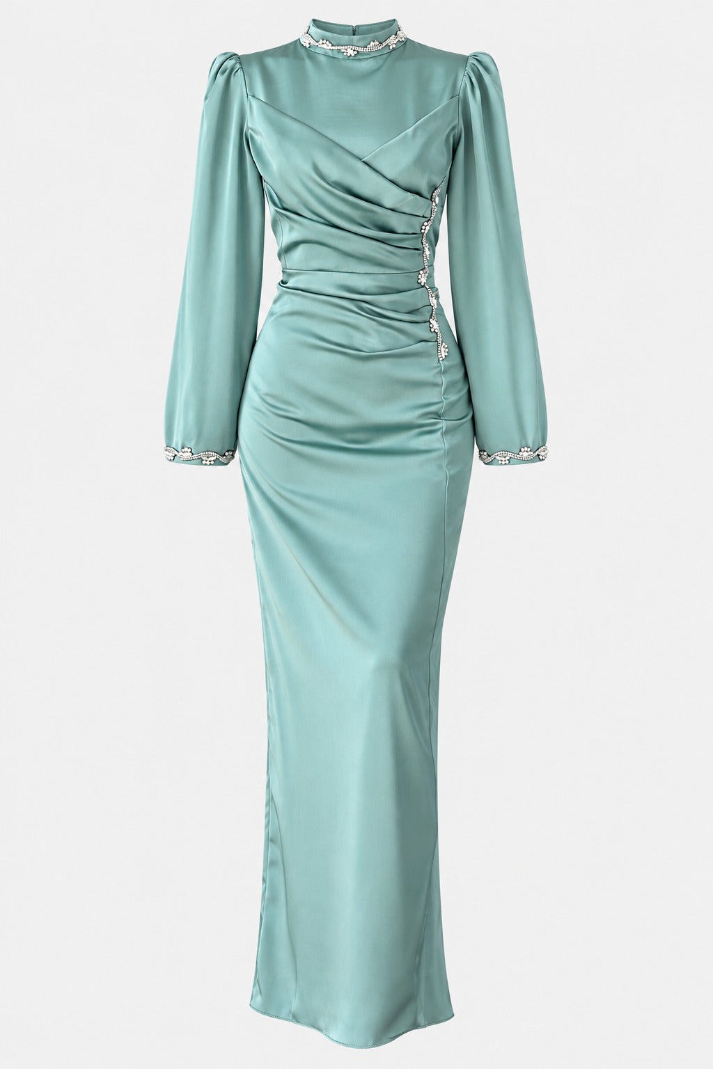 Eşsiz Drape Ve Taş Detaylı Saten Tesettür Abiye Mint Yeşili
