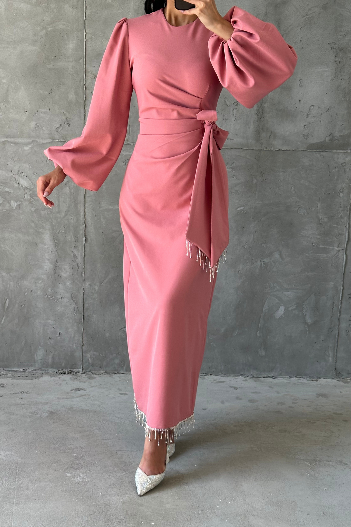 Double Krep Şık Tasarım Tesettür Abiye Pembe