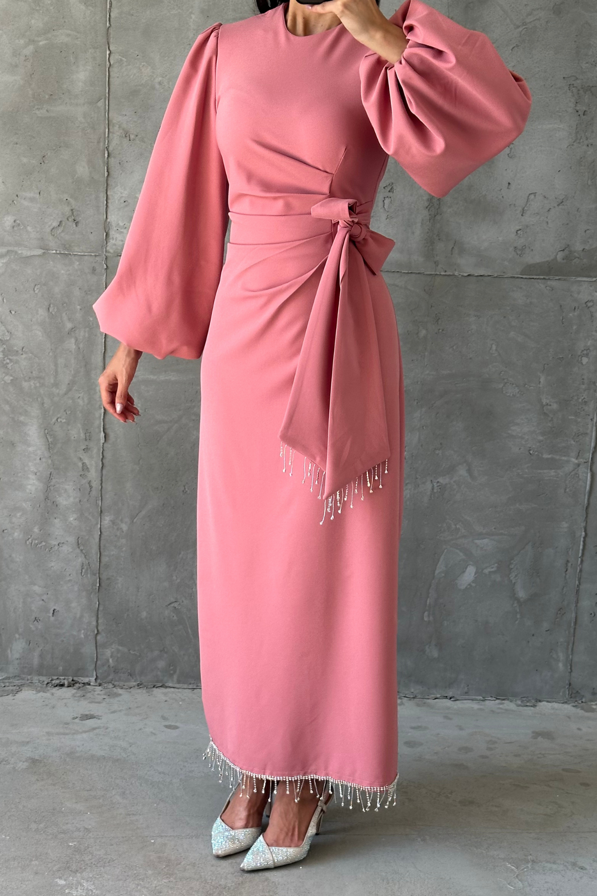 Double Krep Şık Tasarım Tesettür Abiye Pembe