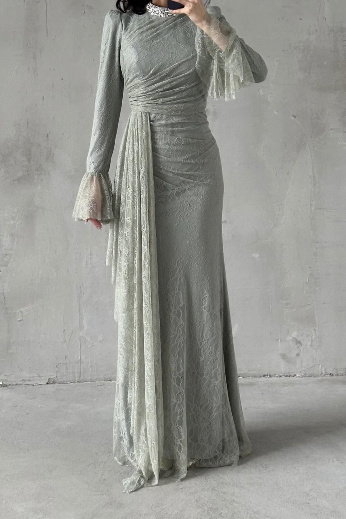 Lace Tesettür Abiye Mınt Yeşili