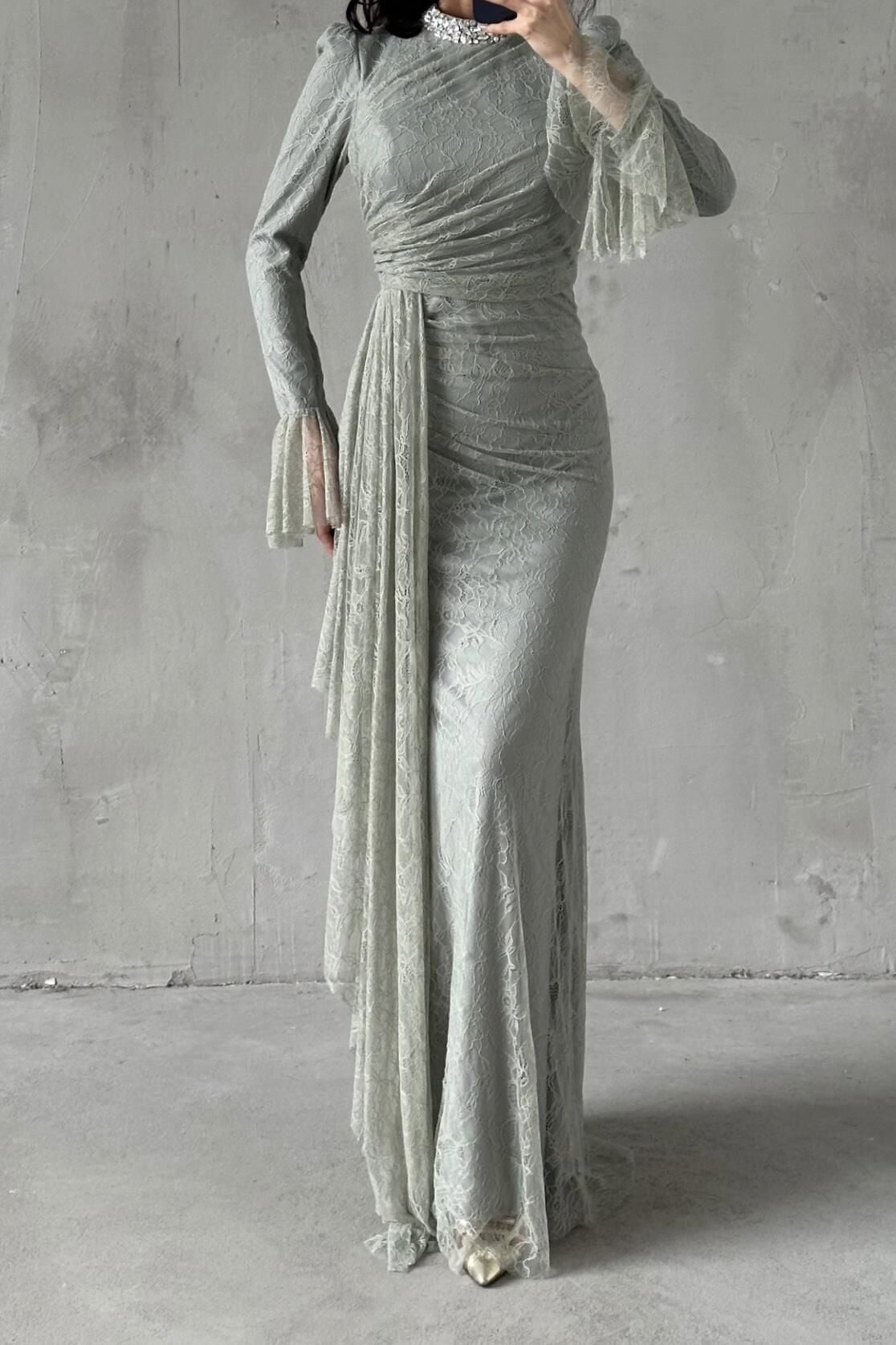 Lace Tesettür Abiye Mınt Yeşili