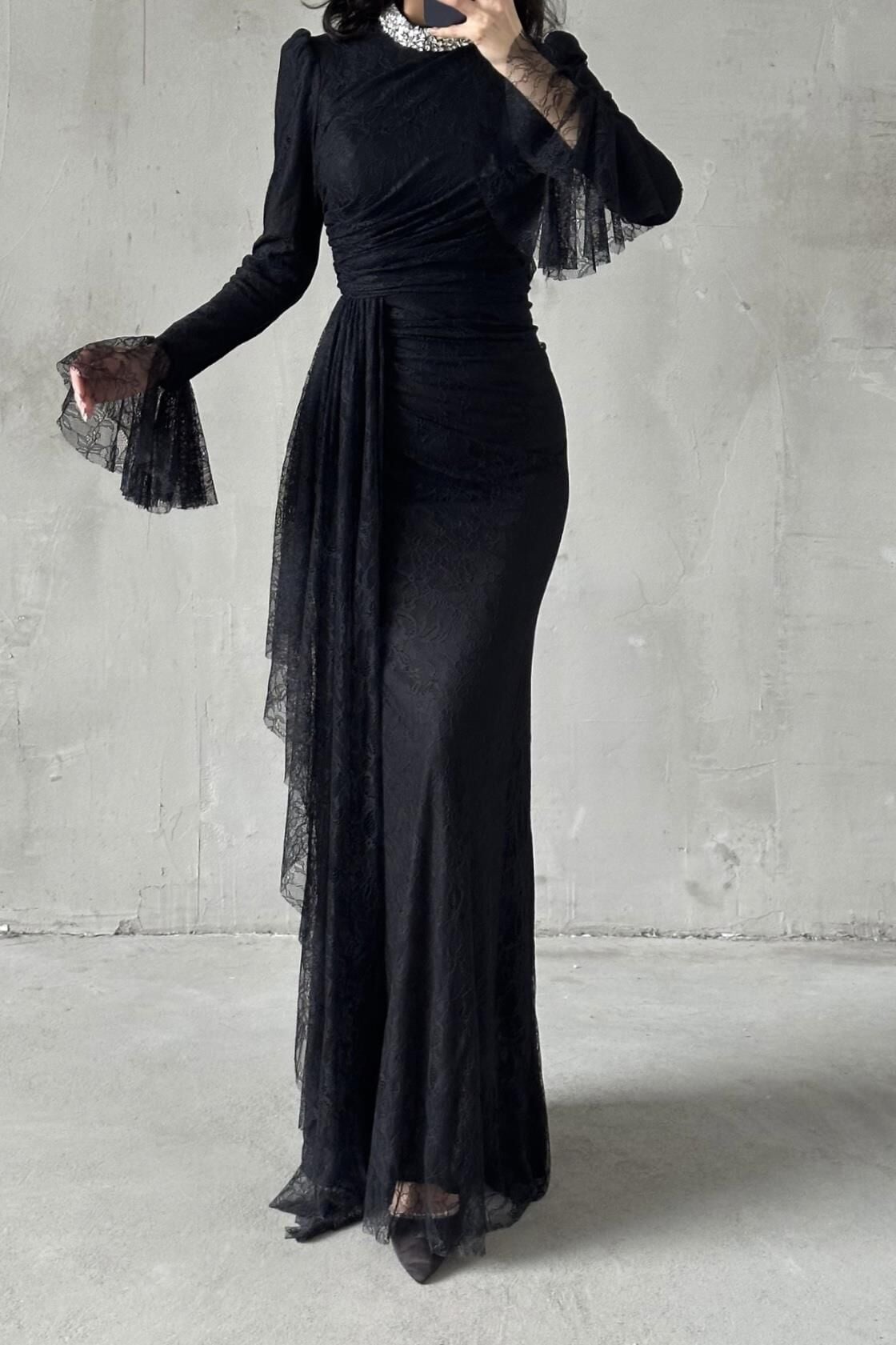 Lace Tesettür Abiye Siyah