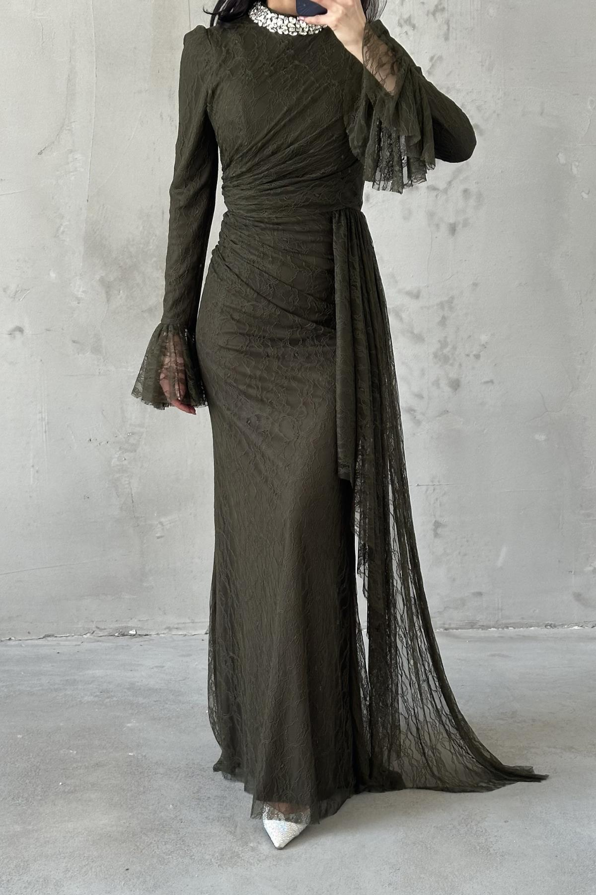 Lace Tesettür Abiye Haki
