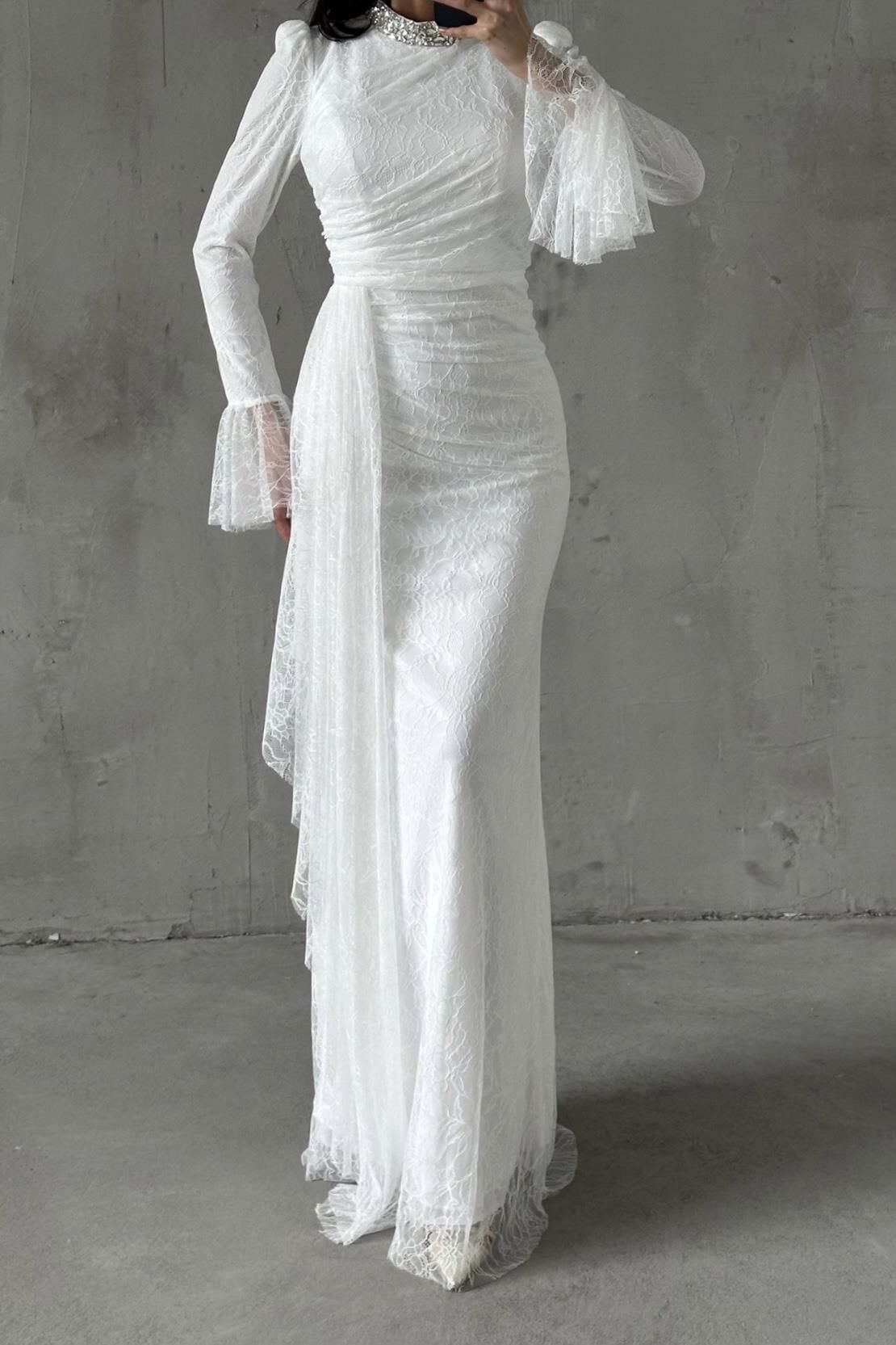 Lace Tesettür Abiye Beyaz