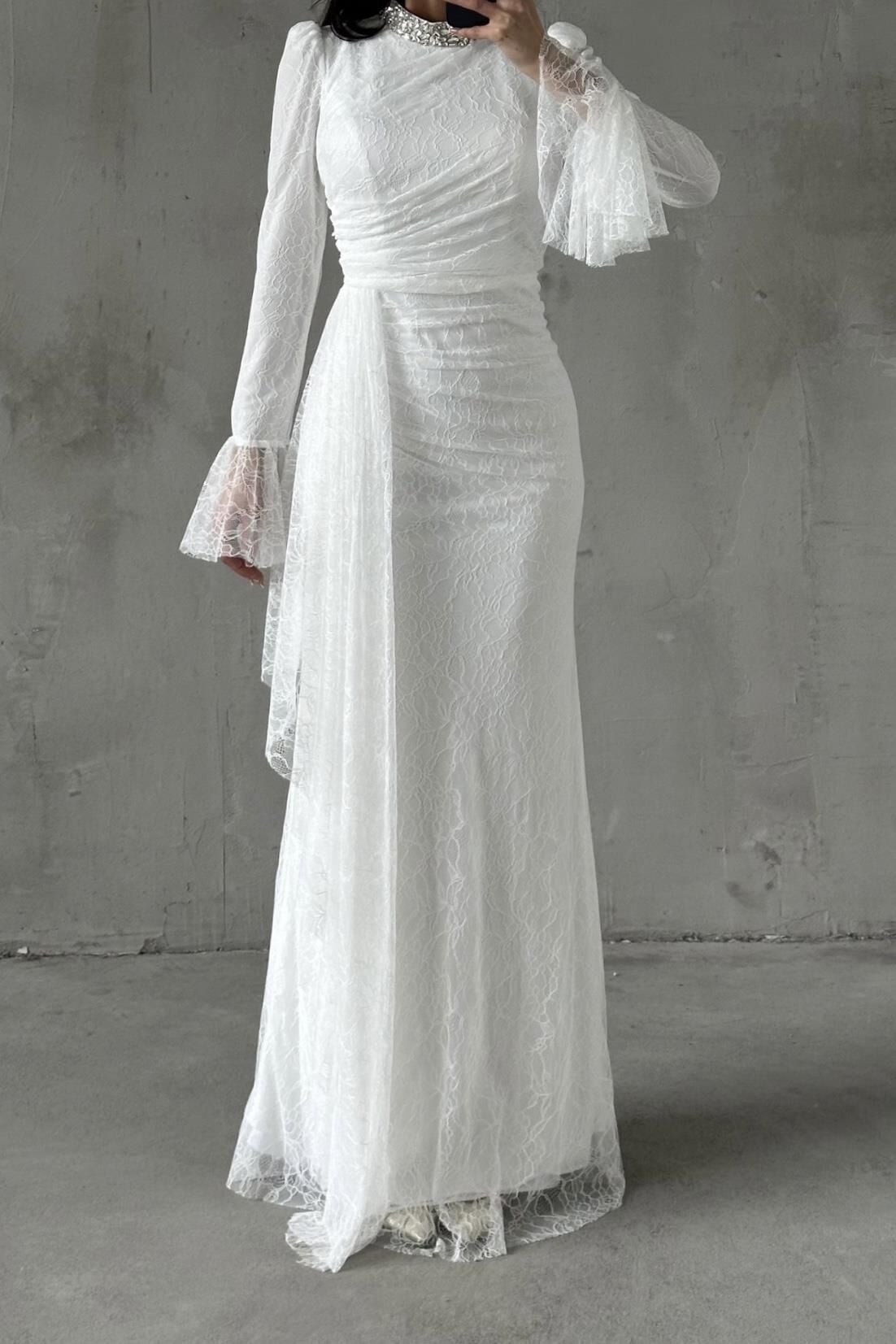 Lace Tesettür Abiye Beyaz