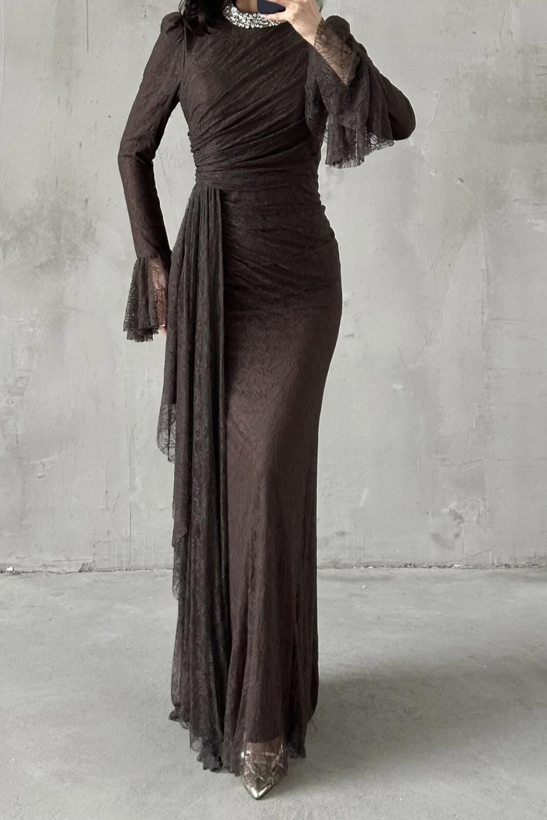 Lace Tesettür Abiye Kahverengi