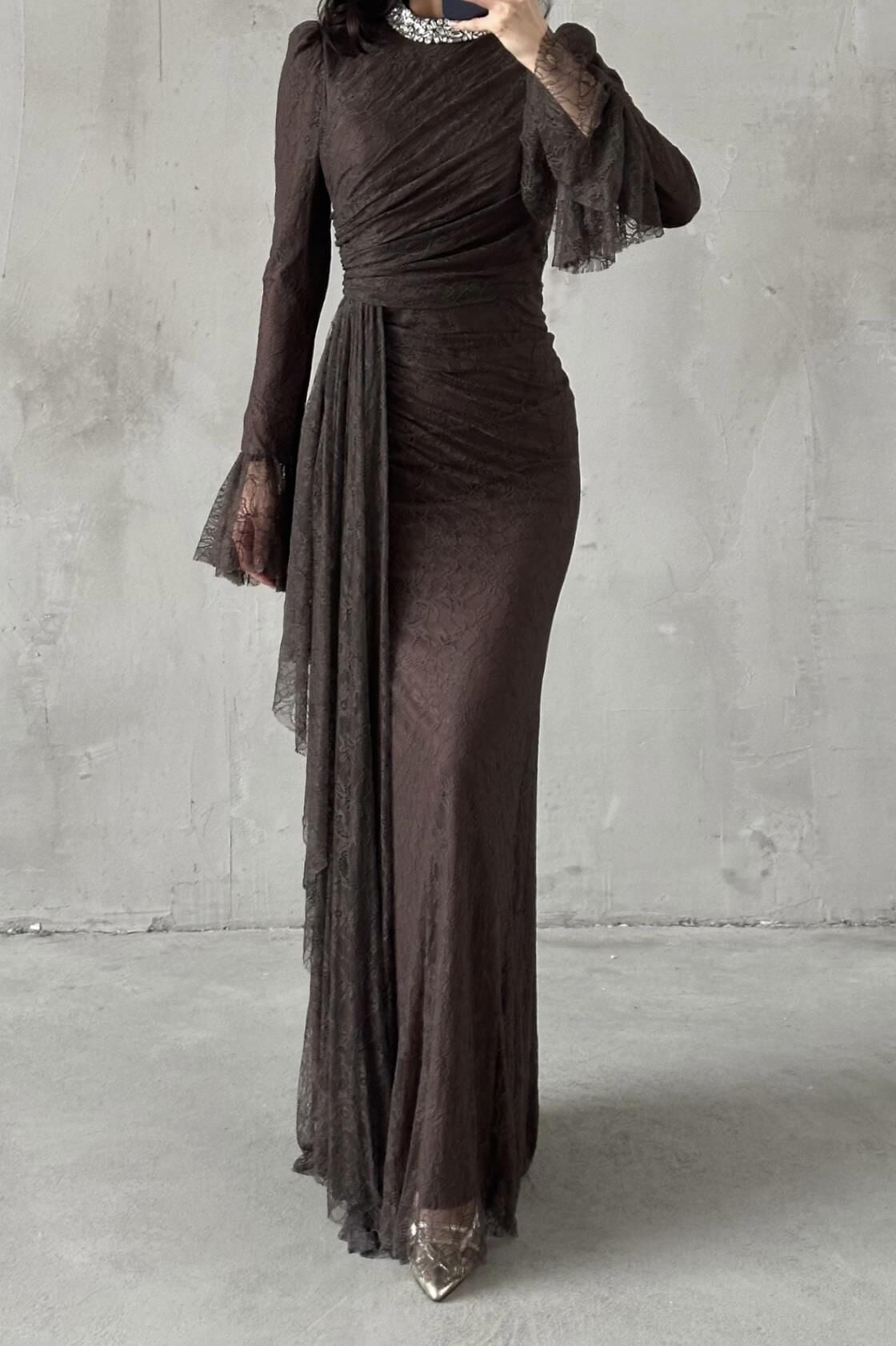 Lace Tesettür Abiye Kahverengi