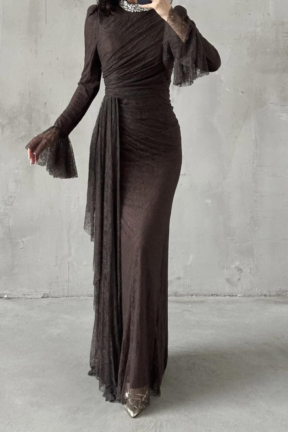 Lace Tesettür Abiye Kahverengi