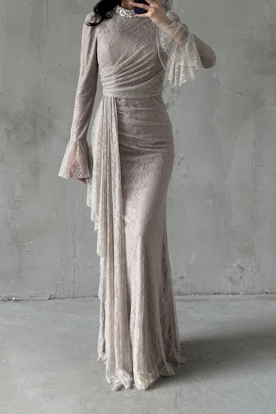 Lace Tesettür Abiye Bej