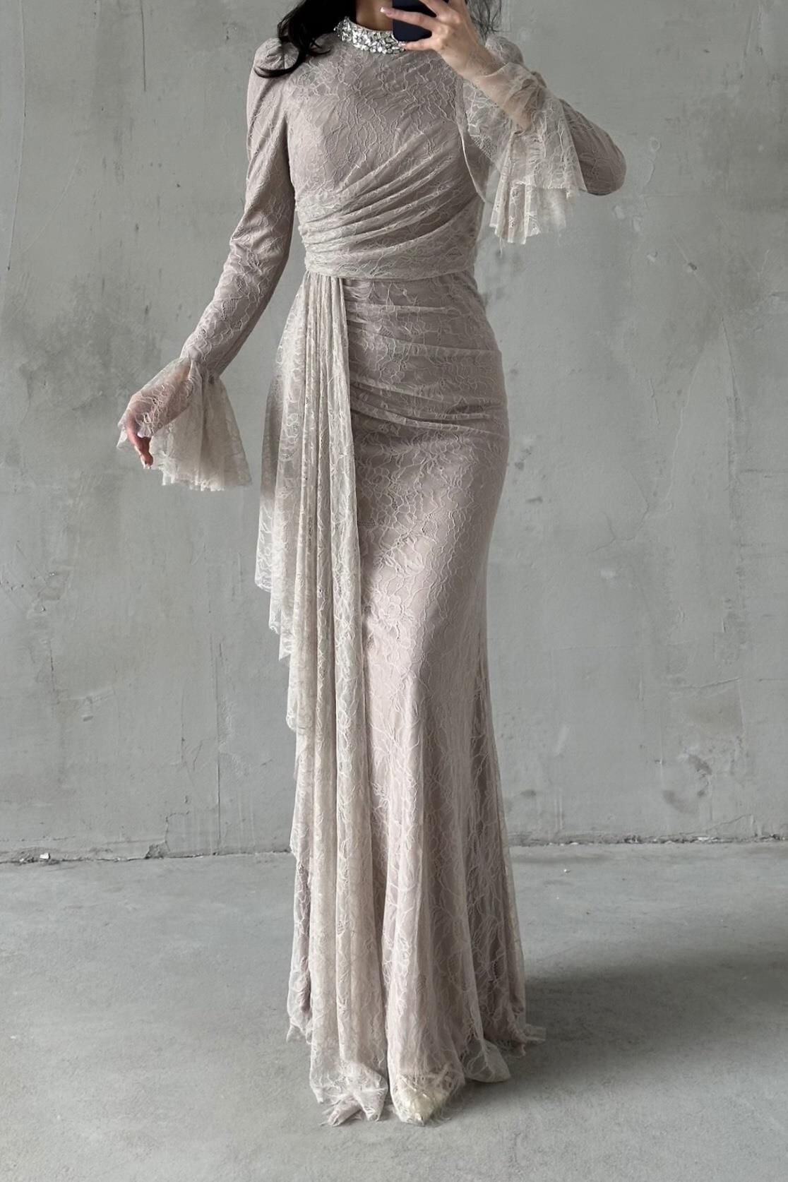 Lace Tesettür Abiye Bej
