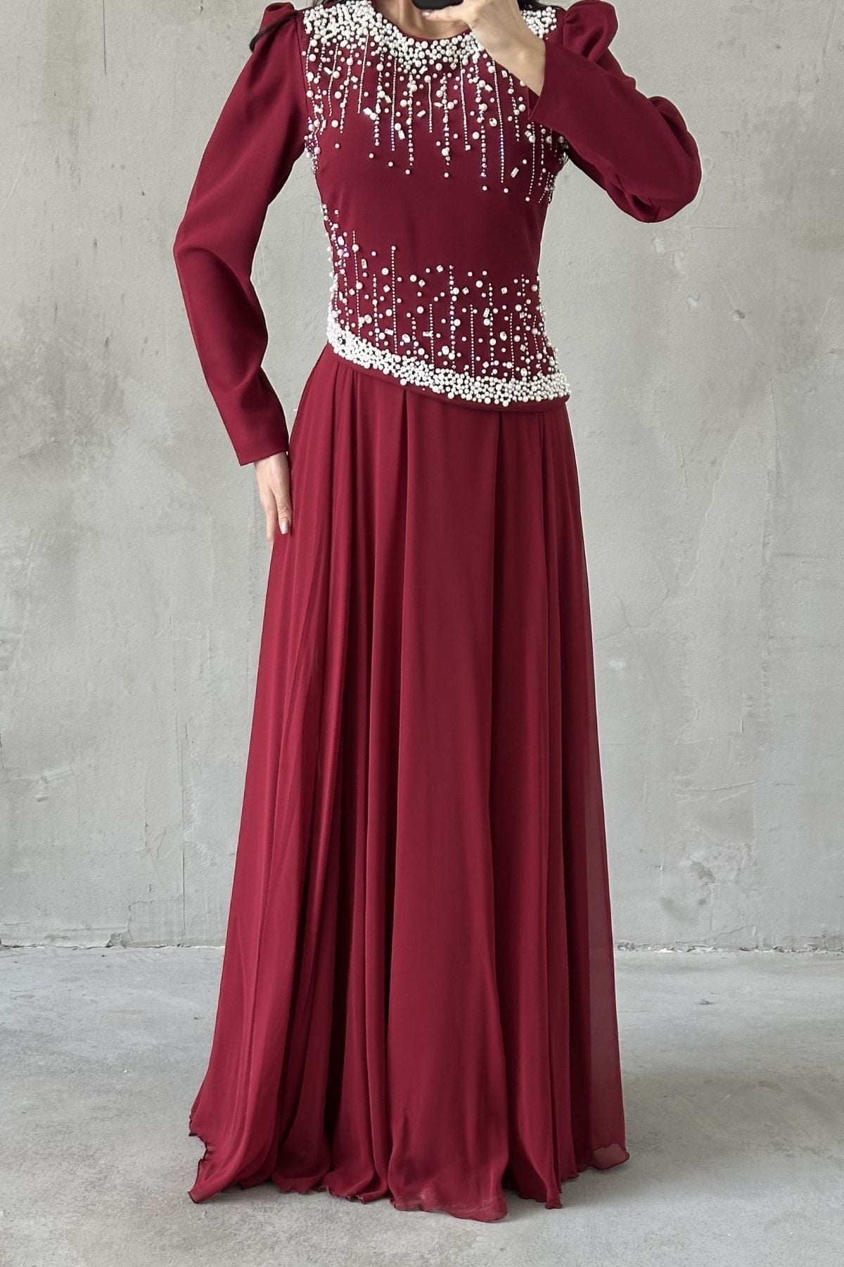 Mina Tesettür Abiye Bordo